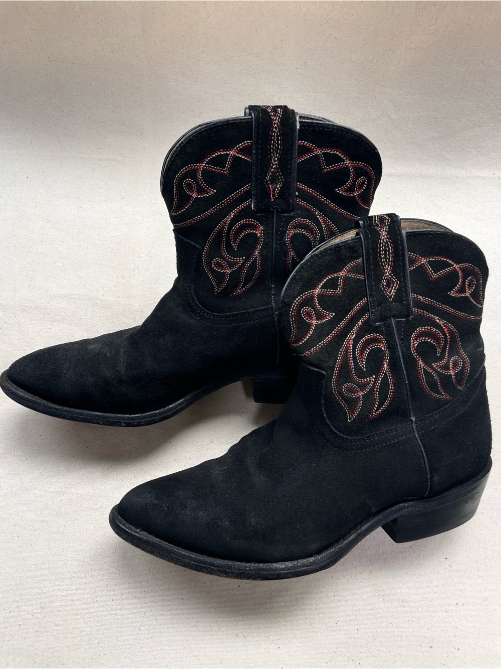 Frye Black Suede Western Ankle Boots with Red Stitching